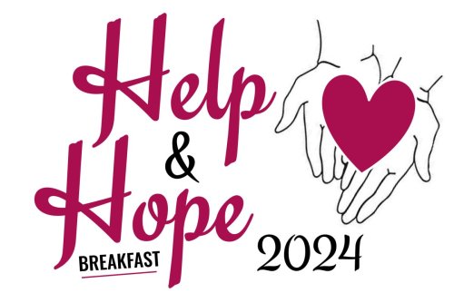 The logo for the Help  Hope Breakfast 2024. The words Help & Hope are in pink and cursive, on the left. On the right is sketched hands holding a heart of the same color as Help & Hope.