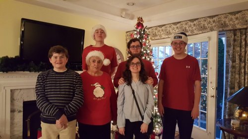 Linda Coons with her grandchildren at Christmas. From top to bottom and left to right: Stephen (18), William (17), Ryan (16), Kevin (14), Linda, and Kelly (17).