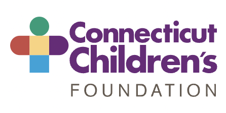 The logo of Connecticut Children's Foundation, a figure of a child consisting of a green circle head, a yellow square body, a light blue square trunk, a red shape with one right angle and a rounded edge as a left arm and a purple shape with one right angle and a rounded edge as a right arm, with the words Connecticut Children's Foundation on the right. The first two words are in purple and in boldface. The last, third word is in gray.